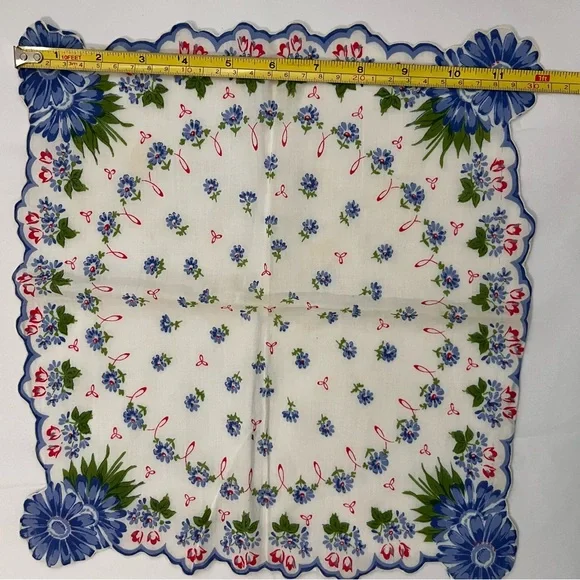 Vintage Floral Handkerchief Blue Flowers Cottagecore Decor Hanky 13” - Picture 4 of 7